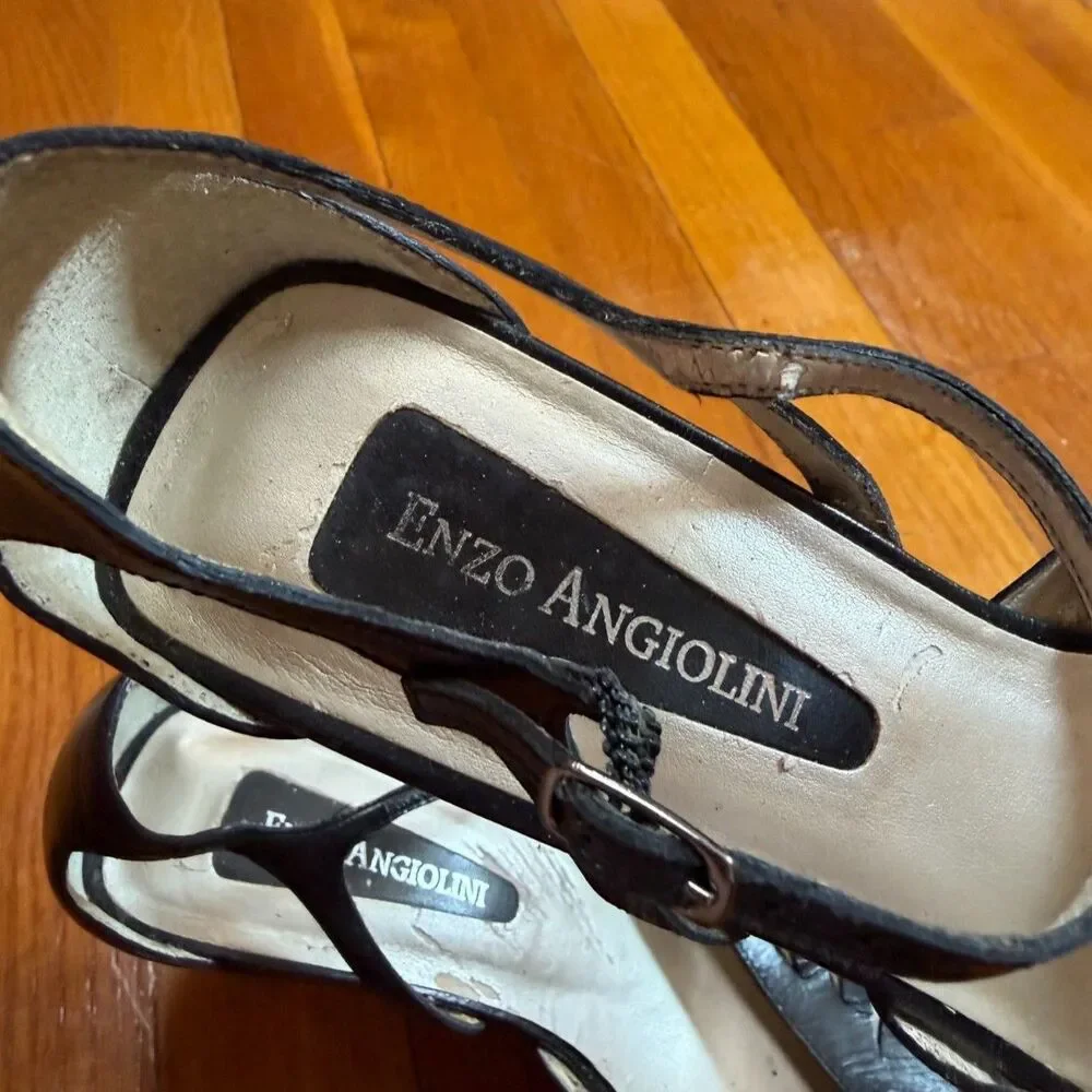 Vintage 90s Black Leather Strappy Cage Heels Open Toe Ankle Strap Sz 6